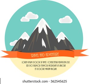 Travel and adventure. Beautiful minimal flat vector illustration. Mountains and clouds.