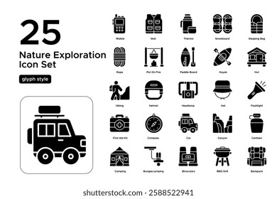 Travel and Adventure Concept. Backpacking, Map Navigation, and Road Trips. Vector Illustration. Glyph solid icon set