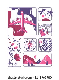  Travel and adventure concept. Flat vector illustrations with map, plain,mountains, palm trees, jungle plants and nature landscapes