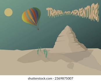 Travel and adventure. Hot air balloon in the sky, desert flying, sand mountains vintage atmosphere, sunset.