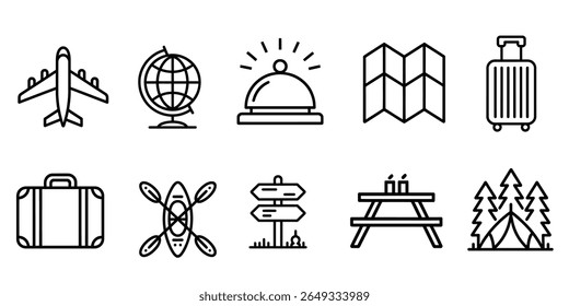 Travel and Adventure Icon Set – Airplane, Luggage, Globe, Map, Camping, Outdoor Picnic 