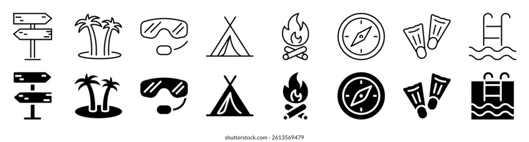 Travel and adventure icon set. Linear and silhouette style.