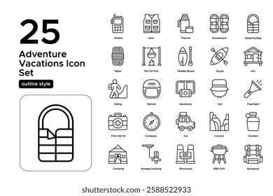 Travel and Adventure Icons. Mountains, Backpacks, and Outdoor Activities. Vector Illustration. Outline icon set