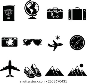 Ícones de viagem e aventura - Passaporte, Globo, Câmera, Mala, Óculos de sol, Avião, Bússola, Sapatos de caminhada, Montanhas Vetor Ilustrações