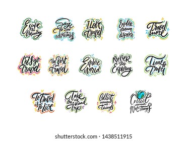 Travel and Adventure lettering set 02. Hand drawn vector illustration. Motivational quote and phrase. Isolated on white background.