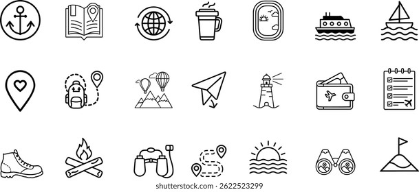 Travel and Adventure Line Icons Collection in Minimal Style. Includes Navigation, Hiking, Camping, Sailing, and Exploration Symbols. Perfect Vector Set for Tourism, Outdoor, and Journey Designs.