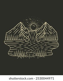 Ilustración de diseño de camiseta de arte de línea de lago de montaña de aventura de viaje para amantes de la naturaleza