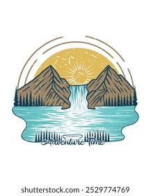 Travel adventure mountain lake vector art t shirt design illustration for nature lovers