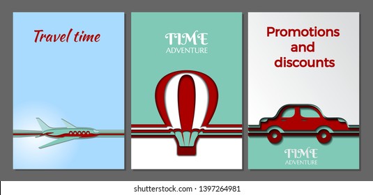 Travel and adventure on different types of transport: plane, balloon, car. Set of vector templates, brochures, backgrounds. Illustration in cut paper style