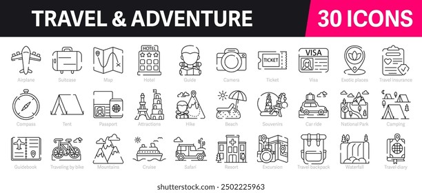 Travel and Adventure Outline Vector Icon Collection. A set of outline icons related to summer vacation, tourism, hotel, airplane, trip, passport, camping and more. Editable stroke. Vector illustration