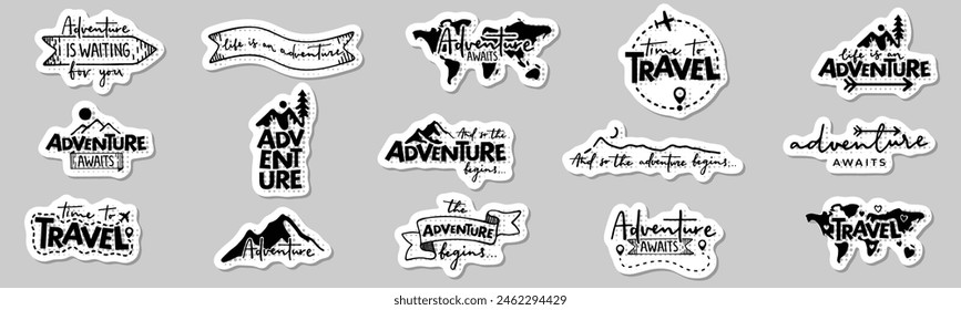 Travel and adventure quotes. Calligraphy lettering retro pop art syle. Collection of written phrases, slogans