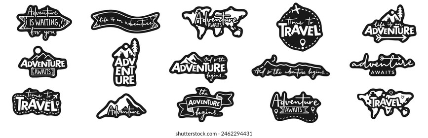 Travel and adventure quotes. Calligraphy lettering. Collection of written phrases, slogans. Creative vector illustration over transparent