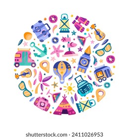 Travel and Adventure Round Composition Design with Journey Symbol Vector Template