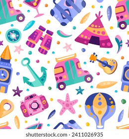 Travel and Adventure Seamless Pattern Design with Journey Symbol Vector Template