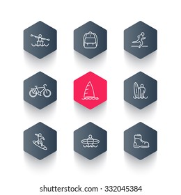 Travel, adventure, surfing, kayaking trip line hexagon icons, vector illustration