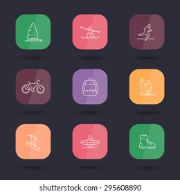 Travel, adventure, surfing, line color rounded square icons, vector illustration, eps10, easy to edit