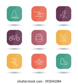 Travel, adventure, surfing line icons, color rounded square icons set, vector illustration
