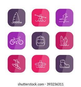 Travel, adventure, surfing line icons, rounded square icons on white, vector illustration
