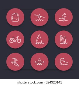 Travel, adventure, surfing line round red icons line round red icons, vector illustration, eps10
