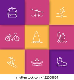 Travel, adventure, surfing, linear icons pack, vector illustration