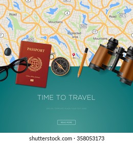 Travel and adventure template, time to travel, banner for tourism website, vector illustration.