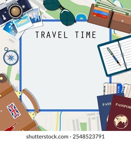 Travel and adventure template, travel time,Travel time template. International passport, boarding pass, tickets on the map background. vector illustration. travel and vacations concept in flat design