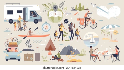 Viajes y aventuras con elementos de transporte minúsculo conjunto de colección de personas. Lugar de recreo turístico y artículos de tipo vacacional con fogata, viaje por carretera y recorrido familiar mini escena ilustración vectorial