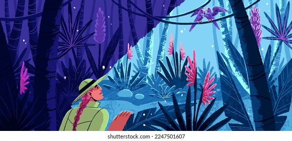 Travel, adventure in tropical jungle forest. Fairy rainforest panorama, fantasy nature landscape with blossomed flowers, lianas. Exotic whimsical woods with fairytale flora. Flat vector illustration