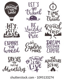 Travel, adventure typographic hand written lettering inscription quote, calligraphy vector illustration. Text sign slogan design for poster, greeting card, print, cool badge labels set