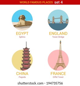 Travel adventure vacation vector set: Sphinx, Tower Bridge, Pagoda, Eiffel Tower. World famous places ultra high detail collection. Circle icon set.