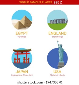 Travel adventure vacation vector set: Egypt Pyramids, Stonehenge, Itsukushima Shrine torii, Liberty Statue. World famous places ultra high detail collection. Circle icon set.