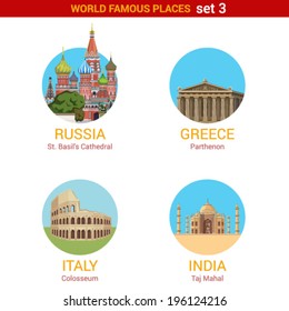 Travel adventure vacation vector set: Pantheon, Colosseum, Taj Mahal, Basil's Cathedral. World famous places ultra high detail collection. Circle icon set.