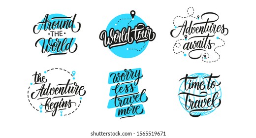 Travel, adventure, vacations lettering set. Handwritten phrases, slogans or quotes. Calligraphic elements for your design. Vector illustration.