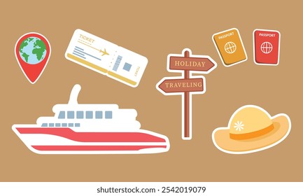 Conjunto de Vector de aventura de viaje con crucero, pasaporte, Festiva Sign, boleto y sombrero ideal para vacaciones y turismo Gráficos

