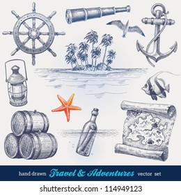 Travel and adventures hand drawn vector set