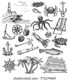 Travel and adventures hand drawn vector set