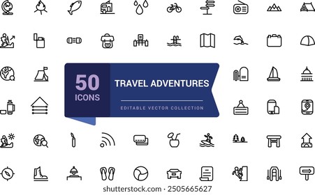 Travel adventures icon set. Related to traveler, movement, people, vacation, tour and trip. Pixel perfect, minimalistic web and UI icon. Outline icon collections.