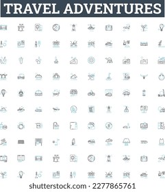 Travel adventures vector line icons set. Travel, Adventures, Exploring, Touring, Trekking, Cruising, Hiking illustration outline concept symbols and signs