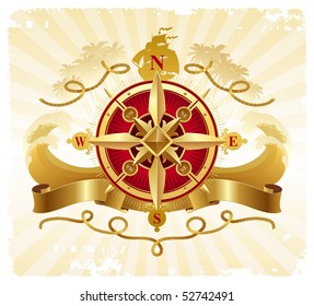 Travel and adventures vintage emblem with golden compass rose