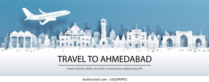 Travel advertising with travel to Ahmedabad, India concept with panorama view of city skyline and world famous landmarks in paper cut style vector illustration.