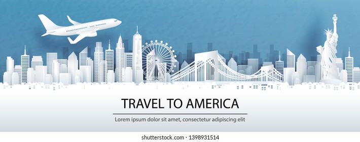 Travel advertising with travel to America concept with panorama view of New York City skyline and world famous landmarks in paper cut style vector illustration.