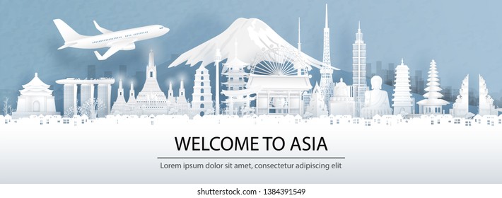 Travel advertising with travel to Asia concept with Asia's famous landmark in panorama view of city skyline. Paper cut style vector illustration.