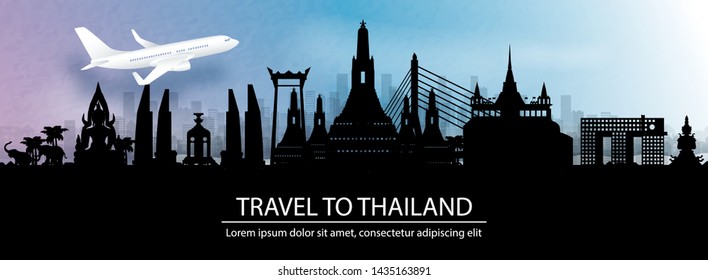 Travel advertising with travel to Bangkok, Thailand concept with panorama view of city skyline and world famous landmarks of Japan in paper cut style vector illustration.