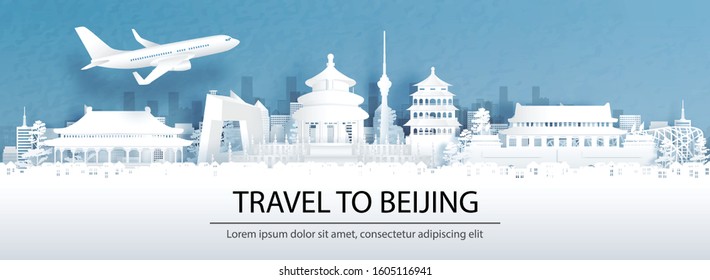 Travel advertising with travel to Beijing concept with panorama view of city skyline and world famous landmarks in paper cut style vector illustration.