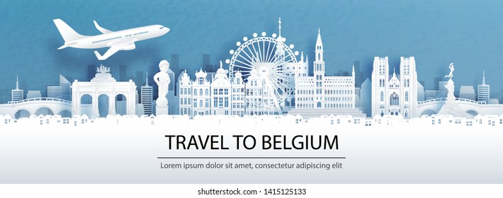 Travel advertising with travel to Belgium concept with panorama view of city skyline and world famous landmarks in paper cut style vector illustration.
