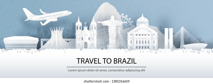 Travel advertising with travel to Brazil concept with panorama view of Rio de Janeiro city skyline and world famous landmarks in paper cut style vector illustration.