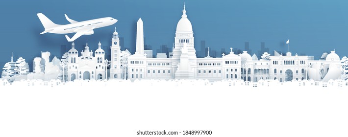 Travel advertising with travel to Bueno Aires, Argentina concept with panorama view of city skyline and world famous landmarks in paper cut style vector illustration.