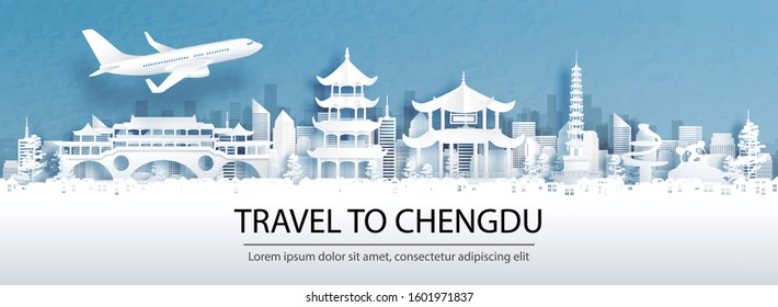 Travel advertising with travel to Chengdu concept with panorama view of city skyline and world famous landmarks in paper cut style vector illustration.