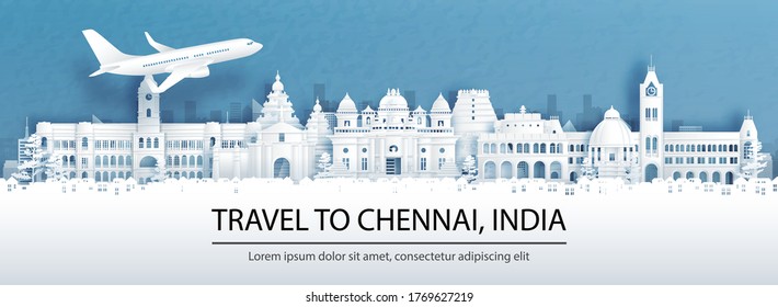 Travel advertising with travel to Chennai, India concept with panorama view of city skyline and world famous landmarks in paper cut style vector illustration.
