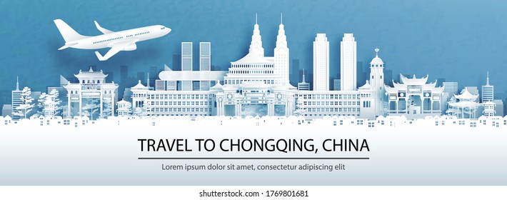 Travel advertising with travel to Chongqing, China concept with panorama view of city skyline and world famous landmarks in paper cut style vector illustration.